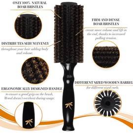 Belula 100% Soft Boar Bristle Round Brush for Blow Drying Set. Round Hair Brush With Medium 2.1” Wooden Barrel. Hairbrush Ideal to Add Volume and Body. Free 3 x Hair Clips & Travel Bag.
