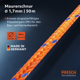 Presch Mason's Line 50 m | Diameter 1.7 mm | Polyester | Tear-Resistant, Weather-Resistant Guide Line with Spool | Knot-proof Construction Cord - Extremely Durable and High Quality