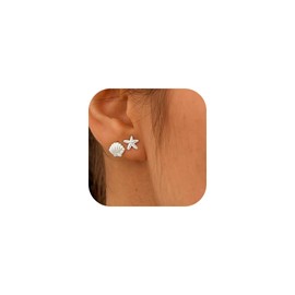 2 Pairs 14K Gold/Silver Earrings for Women Small Shell, Starfish Stud Earrings Set Summer Beach Jewelry for Women (Silver)