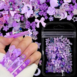 100pcs Purple Flower Bow Nail Charms Resin Nail Bows Nail Flowers 3D Nail Art Charms Cute Heart Moon Camellia Nail Charm Bear Butterfly Charms for Nails Design Bows for Nails Charms Nail Accessories
