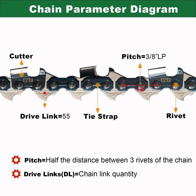 16 Inch Chainsaw Chain 3/8" LP Pitch,.043" Gauge,55 Drive Links