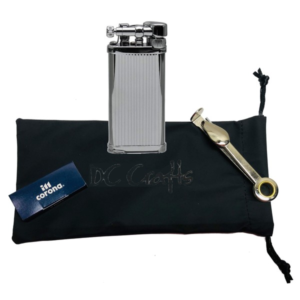 IM Corona Old Boy Pipe Lighter - Includes DC Crafts Pipe Bag, Czech Pipe Tool, & 5 Pack of Flints - (Chrome with Lines)