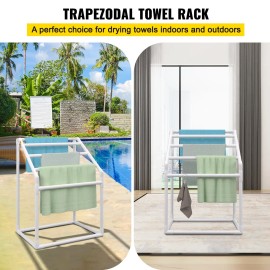 White 5 Bar Freestanding Outdoor PVC Poolside Towel Rack With Clips Mesh Bag Hook For Beach Storage OrganizerPipe Shape: Trapezoidal, Color: White Color