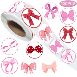 500PCS Pink Bows Stickers Roll Party Favors -Bow Themed Party Supplies Decorations Goodie Carnival Events Prize Class Gifts