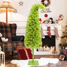 HMASYO 5ft Whimsical Artificial Christmas Tree with 150 LED Timer Lights, Lime Green Bendable Christmas Tree with Ball Ornaments & Metal Base Holiday Decor for Home, Office, Party, Easy Assembly