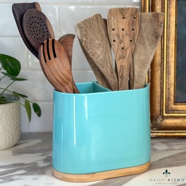 DAILY RITMO® Turquoise Aqua Large Oval Utensil Holder with Bamboo Base and Divider