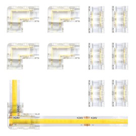 Arotelicht COB LED Strip Connector Set 12 V 24 V for 8 mm Width COB LED 2 Pin, 6 Pieces Transparent Centre Connectors, 4 Pieces L Shape for LED Strips
