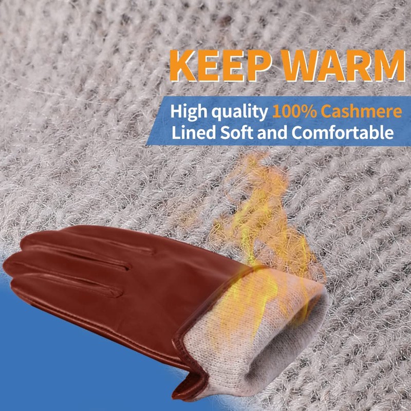 MGGMOKAY Women's Cashmere Lined Leather Gloves, Reddish-brown (Thouchscreen)