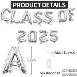 16 Inches CLASS OF 2025 Graduation Letter Balloons Banner for High School, College, Graduation Party Decorations, and Prom Ceremony Decor (Silver)