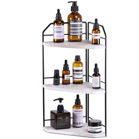 INIUNIK Corner Bathroom Counter Organizer - 3 Tier Wood Vanity Counter Shelf Perfume Skincare Holder, Countertop Corner Shelf Organizer for Bathroom, Kitchen, Rustic White