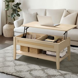 INK+IVY Coffee Table for Living Room Farmhouse Lift-Top Coffee Table with Storage, Rattan Accent, Modern Minimalist Décor Small Wood Table for Apartment, Home Office, Lennox, 34.5" W, Natural