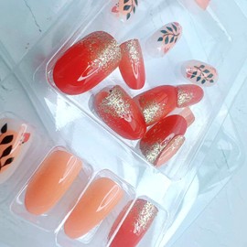 Black Leaf Press on Nails Short Oval Fake Nails With Glitter & Leaves Design,Autumn and Winter Press ons Glossy Acrylic Orange Gold Powder Full Cover Stick on Nails Thanksgiving False Nails for Women