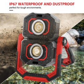 FORTO Rechargeable Work Light,2000LM 2 COB Portable Flood Light,Cordless Led Work Light with 8 Modes,IP67 Waterproof,Foldable Job Site Lighting Flashlights for Outdoor Camping Car Repair,Red,1 Pack