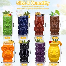 Yungyan 8 Pcs Ceramic Tiki Mugs for Cocktails Tiki Cups for Party Hawaiian Cups Tropical Drinkware for Luau Exotic Party Barware Home Bar Decoration (Mixed Styles)