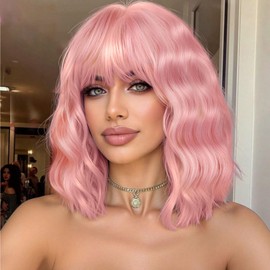Light Pink Bob Wig with Bangs Shoulder Length Short Wavy Heat Resistant Synthetic Curly Wavy Cute Hair Wigs for Women, Pastel Pink