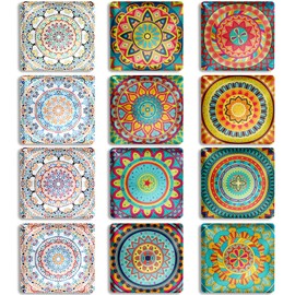 Berkin Arts 12Pcs Cute Square Glass Strong Magnetic Refrigerator Magnet Decorative Fridge Sticker Weave Floral Pattern Flower Mandala Design Yellow Pink Blue Elements for Kitchen