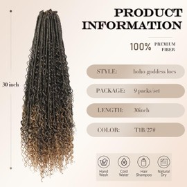 Boho Goddess Locs Crochet Hair for Black Women - 9 Packs Boho Soft Locs 30 inch, Ombre Blonde Boho Faux Locs Crochet with Curly Ends, River Hair with Curls (30Inch, T27#)