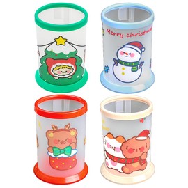 WHYCNJL Set of 4 Desk Pen Holders, Pencil Holders, Composable Pen Cup Pen Organiser, Pencil Case, Easy to Clean for Desk, Office and School, Christmas Motif