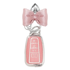 YILINXI Compatible with Toyota 4 Buttons Key Fob Cover with Silk Bowknot Keychain, Car Key Shell Accessories for Highlander RAV4 Camry Avalon C-HR Corolla GT86 (2018-2024) for Women, (Pink)