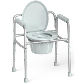 HOMLAND 3-in-1 Bedside Commode Chair with Sturdy Dual-Crossbar Support Construction, Stable Portable Commode Toilet with 7.5Qt Potty Bucket, 350 Lbs Bedside Commodes for Seniors, Silver