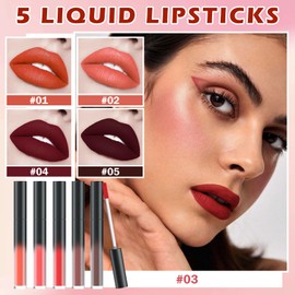 CAHIUYOA 5PCS Matte Liquid Lipstick Set Ruby Dark Brown Red Lip Tint Stain Lip Gloss Set for Women Velvet Long Lasting Waterproof Lipstick Lip Makeup Sets 05