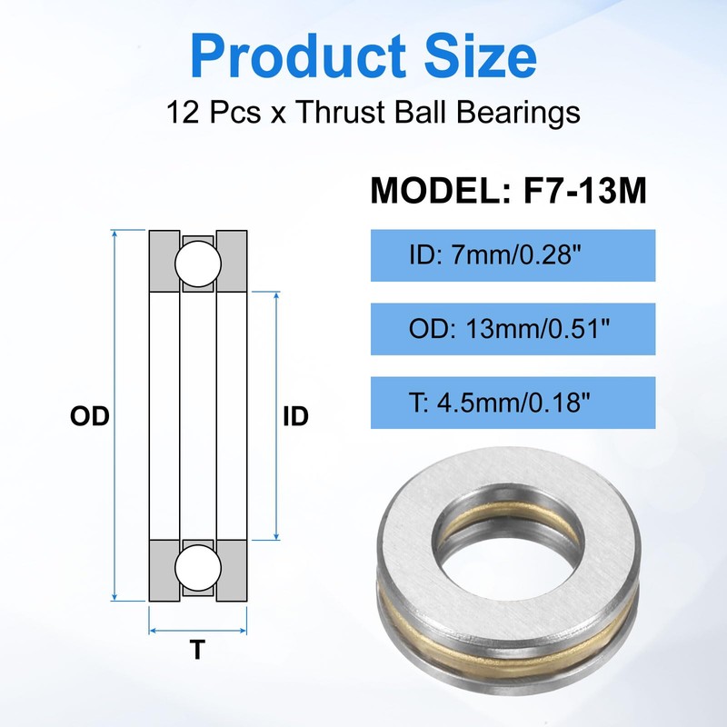 sourcing map 12pcs F7-13M Thrust Ball Bearings, 7mm x 13mm