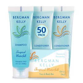 BERGMAN KELLY Rectangular Sanitary Soap Bars, Shampoo & Conditioner 3-Pc Set (0.5 oz each, 150 pc, Tropical Waterfall), Delight Guests with Invigorating & Refreshing Bulk Travel Size Hotel Toiletries