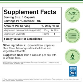 N/A Magnesium Glycinate 400mg, 180 Capsules (Vegan Safe, Manufactured and Third Party Tested in The USA, Gluten Free, Non-GMO) High Absorption Magnesi