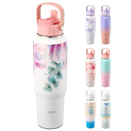 THILY Stainless Steel Insulated 40 oz Water Bottle Triple Insulated Leakproof Wide Mouth Water Flask with Lid and Straws, Powder Coated, BPA Free, Keep Cold & Hot, Pink Lilies