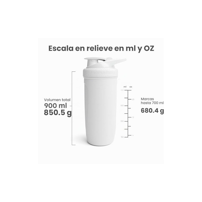 SmartShake Reforce Blanco Botella Mezcladora de Acero Inoxidable 900 ml,