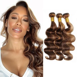 Biliisyff Color P4/27 Brown Human Hair Bundles Highlight Body Wave Bundles Blonde Brown and Black Double Weft Brazilian Human Hair Bundles Silky and Soft for Black Women 22 24 26 Inch