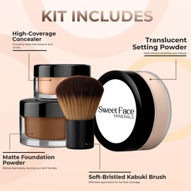4pc Full Size Kit (Ebony Shade) Mineral Makeup Matte Translucent Loose Foundation + Kabuki Brush + Concealer + Finishing Setting Powder + Bare Face Full Coverage SPF 30 All Skin Types Waterproof