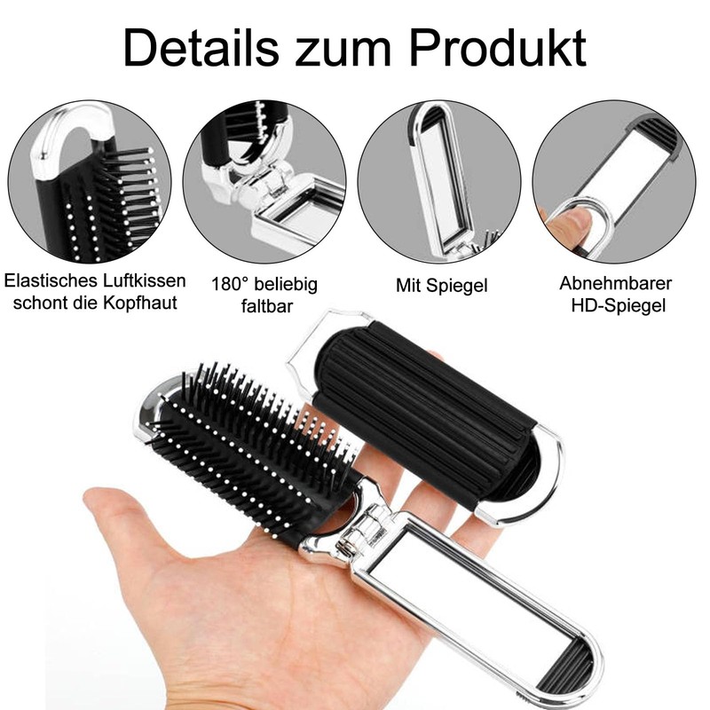 2 Stück Klappbürste Reise, Klappbar Haarbürste mit Spiegel, Mini Haarkämme,