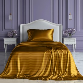 SLEEP SANCTUARY Satin Sheets Twin Size – 3 Piece Luxury Silky Bed Set, Softer Than Silk, 15" Deep Pocket, Cooling & Wrinkle-Free, Moisture-Wicking & Breathable for Hair & Skin (Striped Gold)