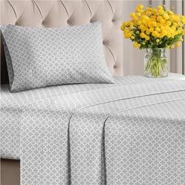 3 Piece Grey Sheets Twin XL Set – Luxury Geometric Flat Sheet 66 x 102, Fitted Sheet 39 x 80 and 1 Pillowcase 20 x 30 – Deep Pocket, Ultra-Soft, Trellis Bed Sheets – Oeko-TEX Moroccan Decor Sheet Set