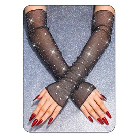 CASDRE Sparkly Rhinestone Long Gloves Fingerless Mesh Elbow Length Arm Sleeves Prom Costume Gloves for Women (Black)