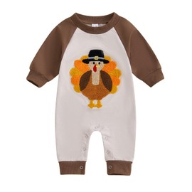 PENNSOY Baby Boy Girl Thanksgiving Romper Turkey Embroidery Long Sleeve Crew Neck Full Length Jumpsuit 0-18 Months (Light Brown, 0-3 Months)