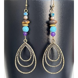 Etched Bronze Teardrop with Colorful Glass and Stone Bead Earrings. Jewelry Earrings for Women #3298FE3407