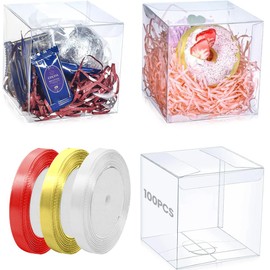 100 Cajas de Regalo Transparentes de Plástico con 3 Cintas-Cajas de Plástico PET de Caramelo 5x5x5 Cm, Cajas de Acetato, Cajitas para Dulces, Para Regalos De Fiestas, Bodas, Valentines Day, Macarrones