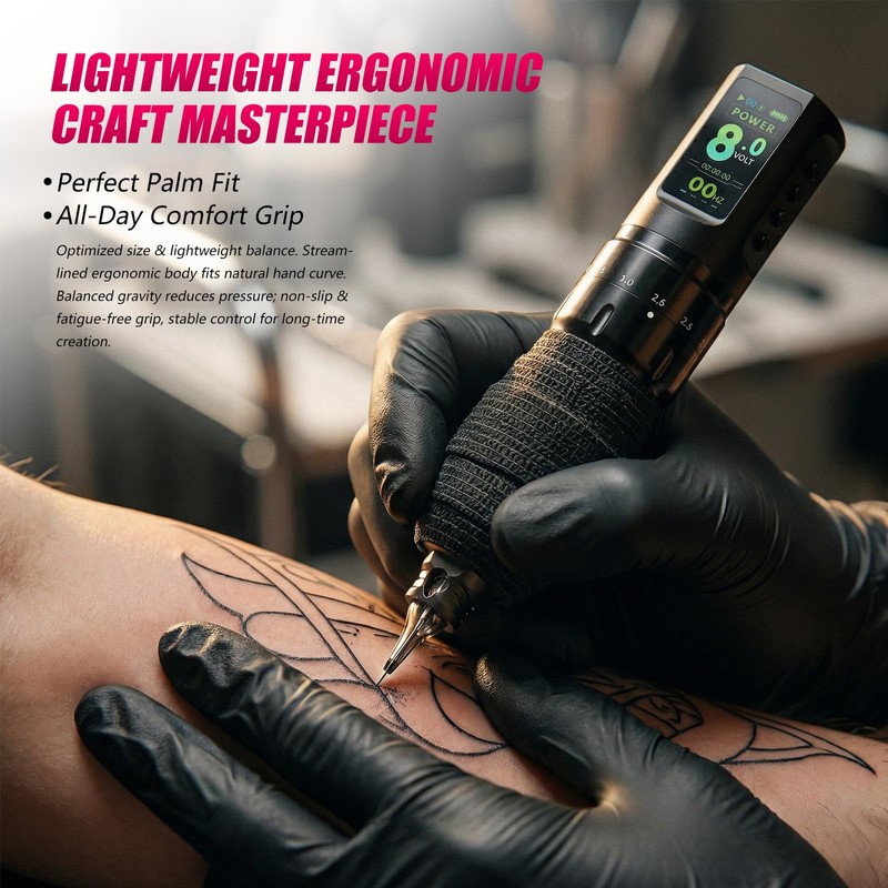 Tattoo Kit: Cordless Tattoo Gun with Adjustable Stroke, 38mm Grip