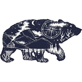 Black and White Illustration - Mountain Forest Cabin On The Lake Inside Bear Outline Vinyl Decal Sticker (2" Wide)