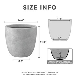 Kante 14 Inch Dia Round Concrete Planter, Indoor Outdoor Large Plant Pot with Drainage Hole and Rubber Plug for Home Patio Garden, Gray Concrete