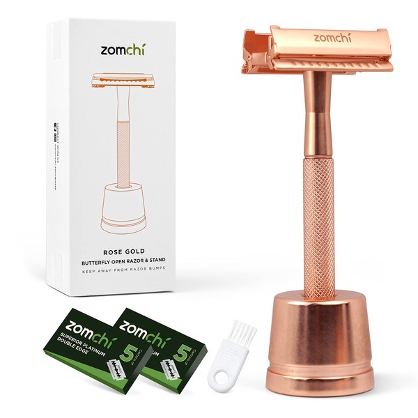 Safety Razor for Women, Butterfly Open Safety Razor with a Razor Stand, Lady Razor with a Texture Handle, Eco Friendly Women Razor, Fits All Double Edge Razor Blades, Free of Plastic (Rose Gold)