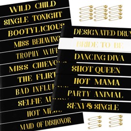 KICOSY 18 Piece Bachelorette Party Sashes Set - 1 White Bride Sash & 17 Black Bridesmaid Sashes with Gold Lettering, Pre - Wedding Bridal Shower Favors