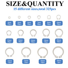 Didamx 325Pcs 304 Stainless Steel External C-Clips Shaft Circlip Retaining Snap Ring Assortment Set