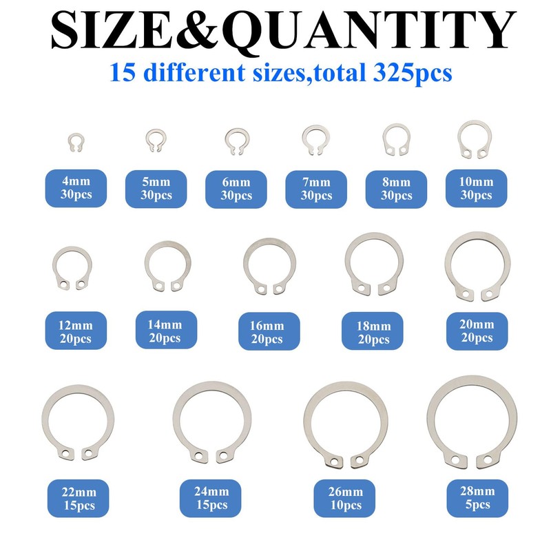 Didamx 325Pcs 304 Stainless Steel External C-Clips Shaft Circlip Retaining