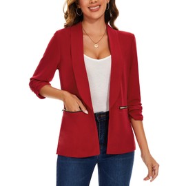 MINTLIMIT Womens Casual Blazers 3/4 Sleeve Shawl Collar Open Front Cardigan Fitted Blazer Jacket Suits Workwear,XL,Red