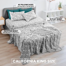 LUX Décor Paisley California King Sheet Set 6 Pc, Wrinkle Free Soft Microfiber - Luxurious Printed Bedsheets Includes Flat Sheet, Fitted Sheet with Deep Pockets & 4 Pillowcases - White Grey
