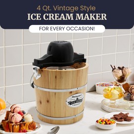 Elite Gourmet Old Fashioned 4 Quart Vintage Wood Bucket Electric Ice Cream Maker Machine Appalachian, *Bonus Classic Die-Cast Hand Crank for Churning, Uses Ice and Rock Salt Churns Ice Cream in Minute