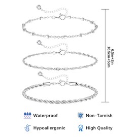 CASSIECA Bracelet Women's 925 Sterling Silver Bracelets Silver Bracelet Set Snake Link Bracelet Shiny Diamond Cut Rope Chain Bracelet for Women Girls Gift for Women Girlfriend Mum